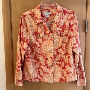 Coldwater Creek Floral Linen Rayon Button Front Jacket Lightweight Orange Large
